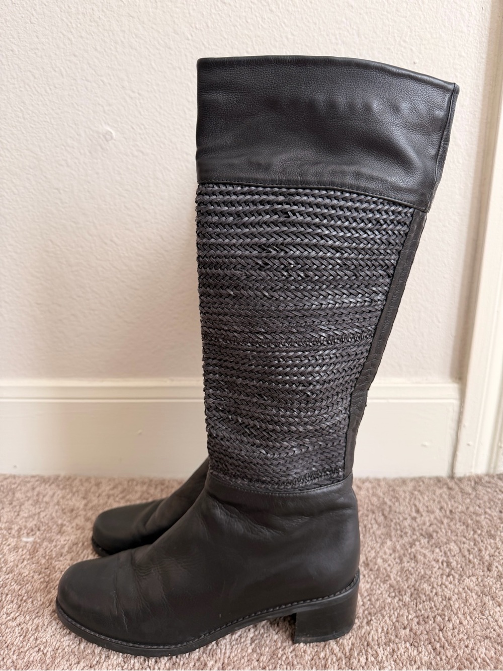 Stuart Weitzman Black Over-the-Knee Leather Boots with Woven Shaft, Size 6